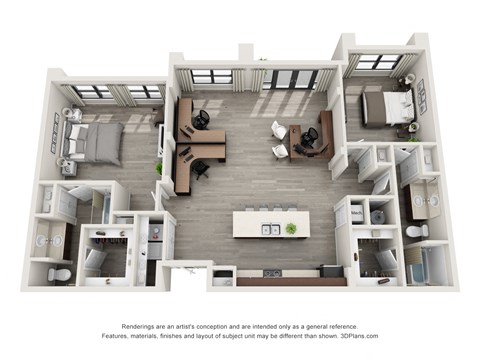 Floor plan for 2 beds, 1 bath, 986 sqft